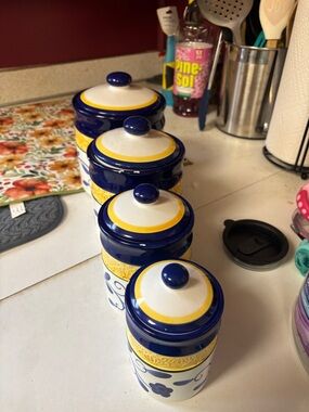 Hand-Painted Ceramic Canister Set in Blue, White & Yellow